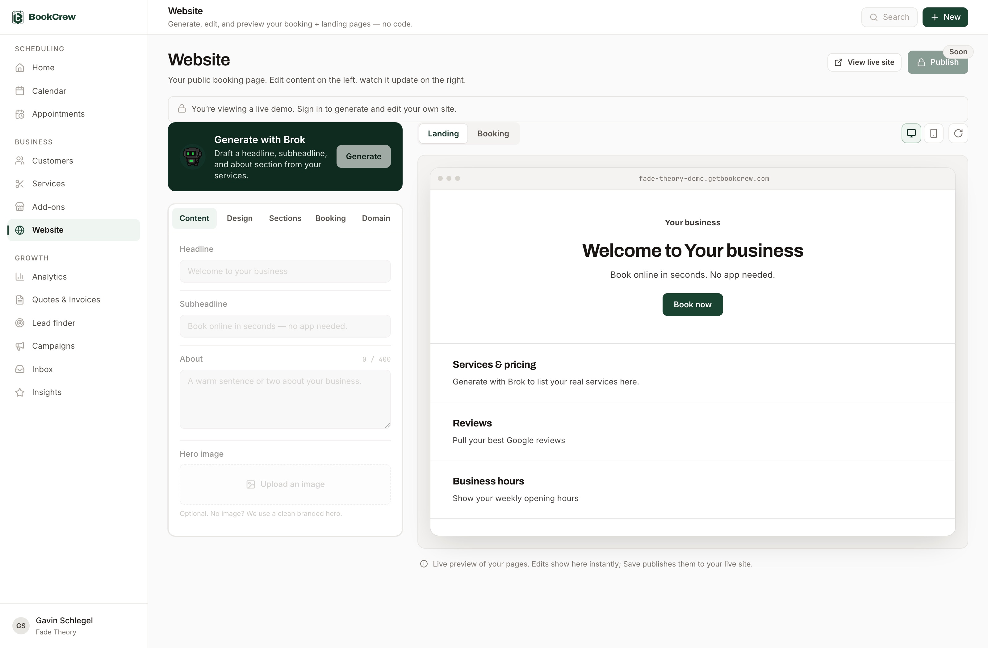 The BookCrew website builder: Content, Design, Sections, Booking, and Domain tabs, with a 'Generate with Brok' button that drafts a headline, subheadline, and about section from your services.
